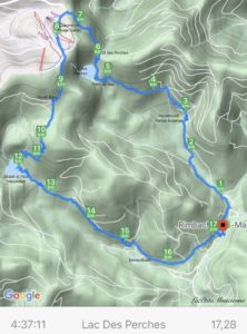 Carte CycleMeter de la randonnée au départ de Rimbach-Près-Masevaux, vers la ferme auberge Riesenwald lac des perches col des perches chaume du rouge gazon haute bers grand neuweiher petit neuweiher Ermensbach
