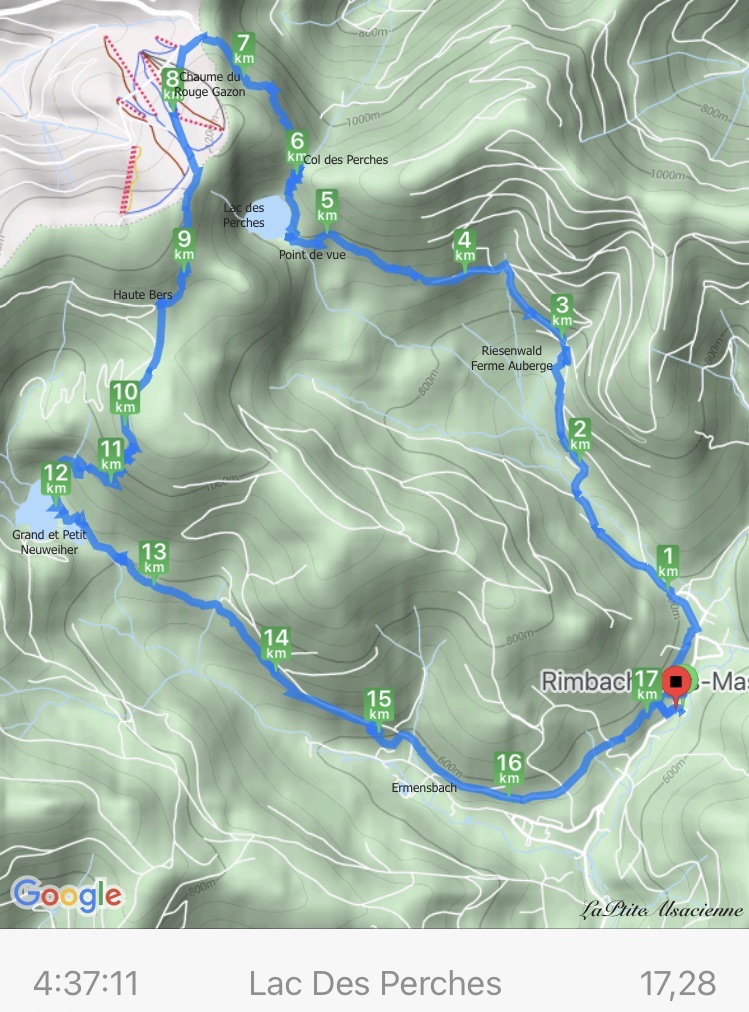 Carte CycleMeter de la randonnée au départ de Rimbach-Près-Masevaux, vers la ferme auberge Riesenwald lac des perches col des perches chaume du rouge gazon haute bers grand neuweiher petit neuweiher Ermensbach 