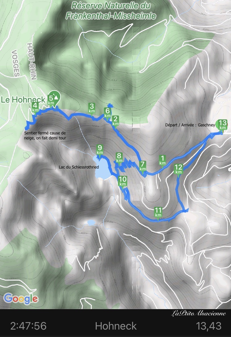 Carte de la randonnée du Gaschney vers le Hohneck et le lac du schiessrothried sur le GR5 Alsace Vosges Alsaciennes