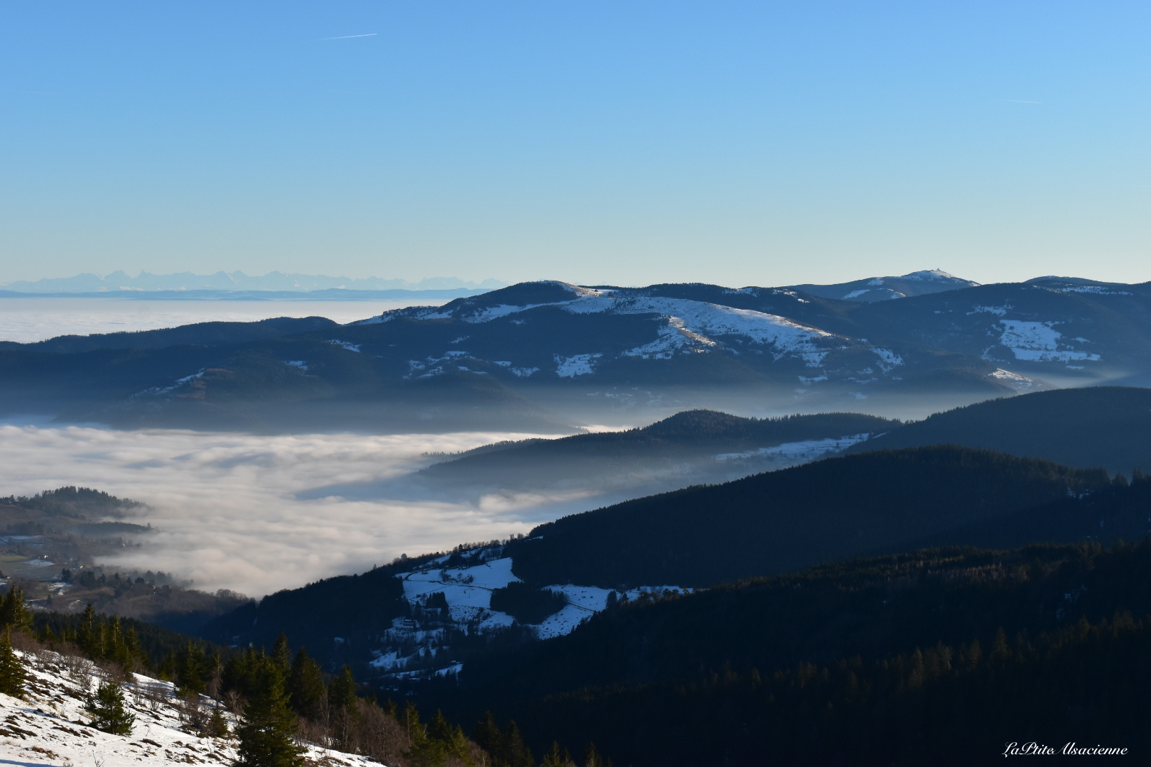 Vue depuis leGazon du Faing vers l'Alsace et les Alpes avec une mer de nuages recouvrant la plaine d'Alsace - Cendrine Miesch - Décembre 2021