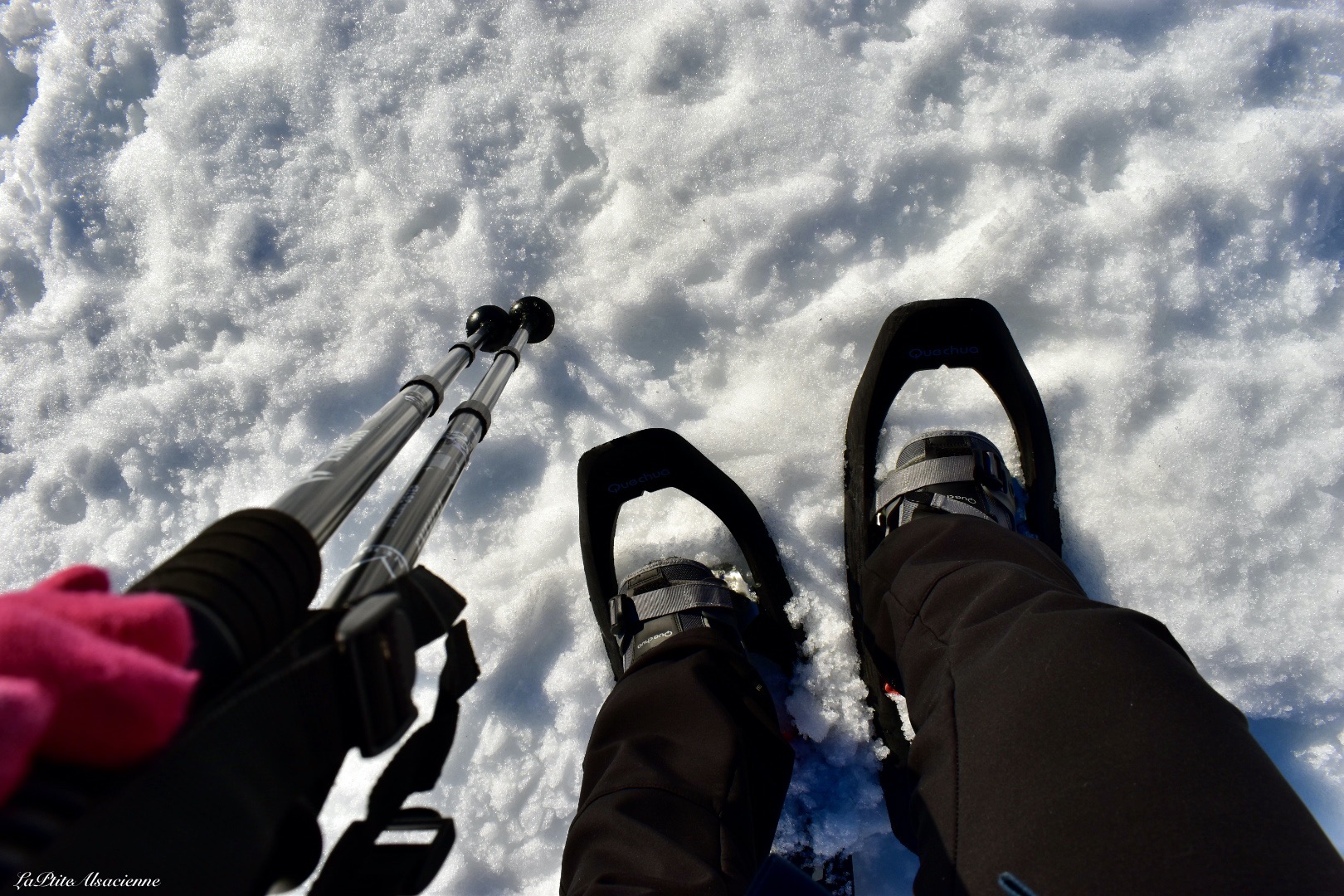 Rétrospective décembre 2021 : Les pieds dans la neige entre le Lac Blanc, Lac Noir et  le Lac du Forlet. Photo des pieds de Cendrine Miesch