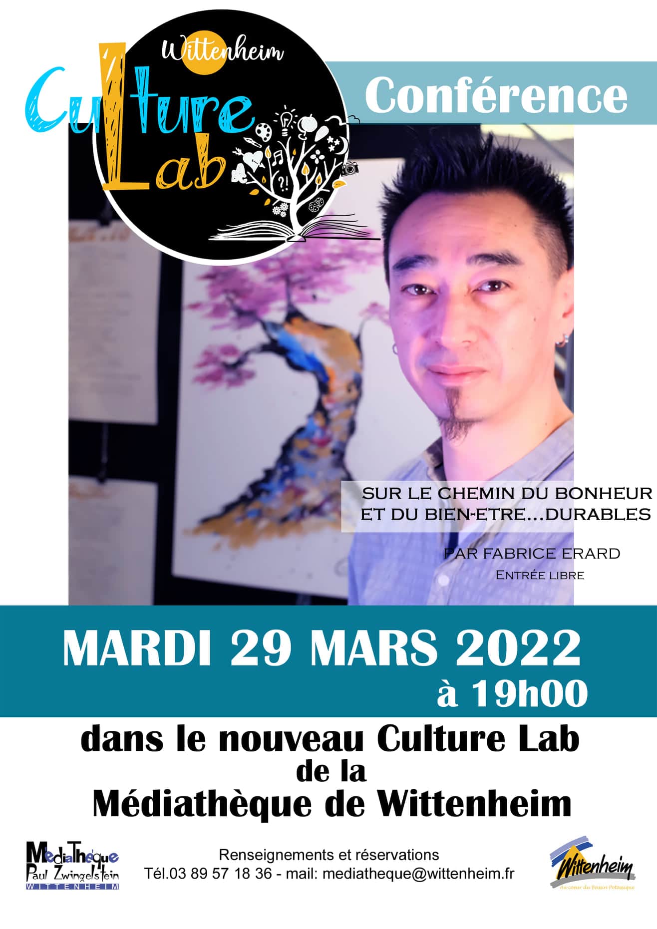 Affiche de la conférence du 29 mars 2022 de Fabrice Erard à la médiathèque de Wittenheim - Culture Lab